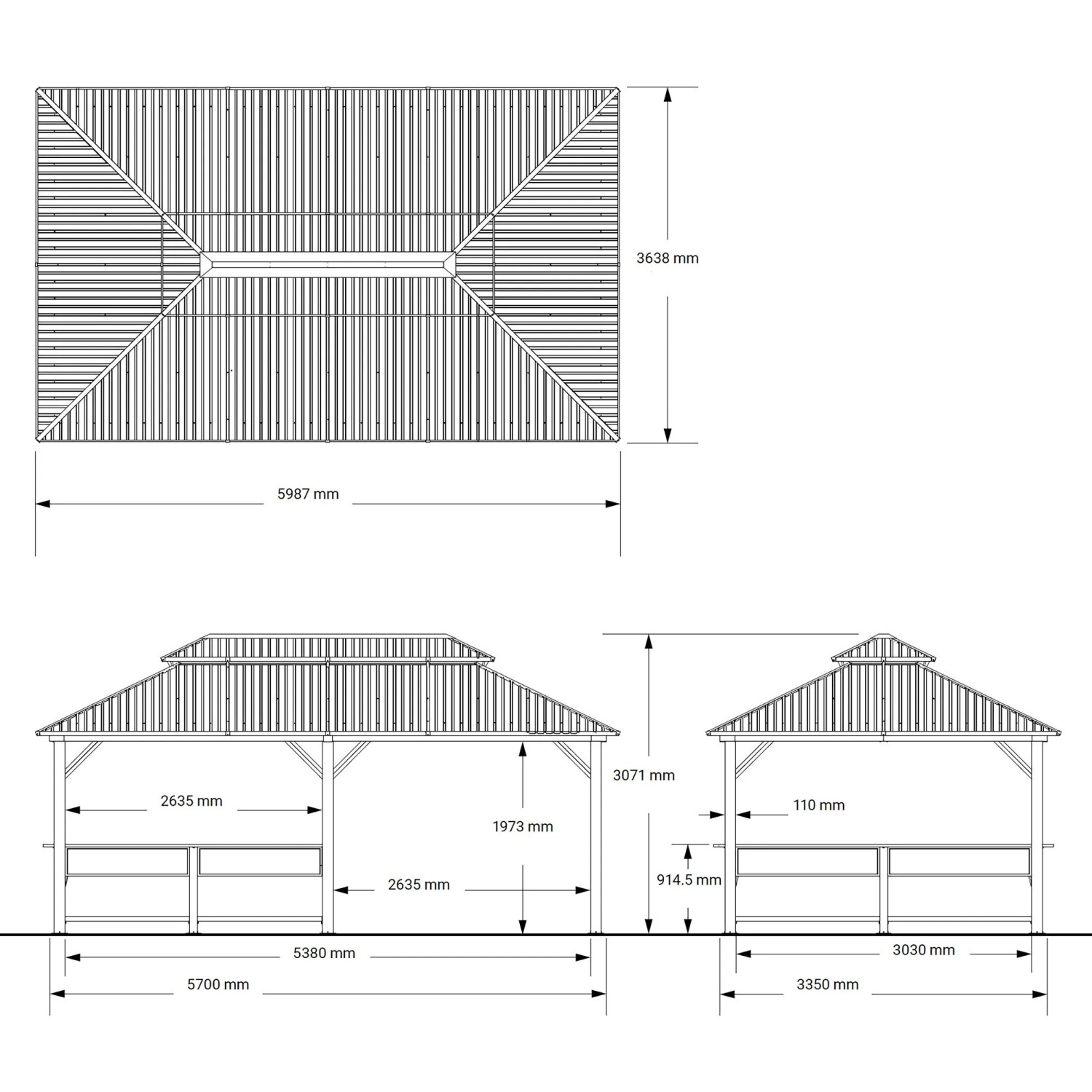Sojag Pavillon Bondi 1220 Schwarz, Maße und Details in technischer Zeichnung dargestellt.