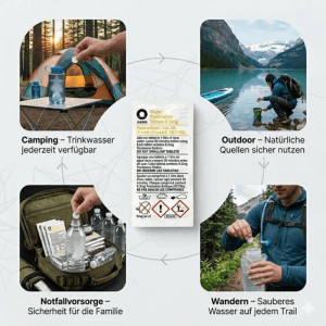 JUNG Oasis Wasseraufbereitung Tabletten & faltbarer Wasserkanister. Collage zeigt Anwendung bei Camping, Wandern, Outdoor, Notfall.