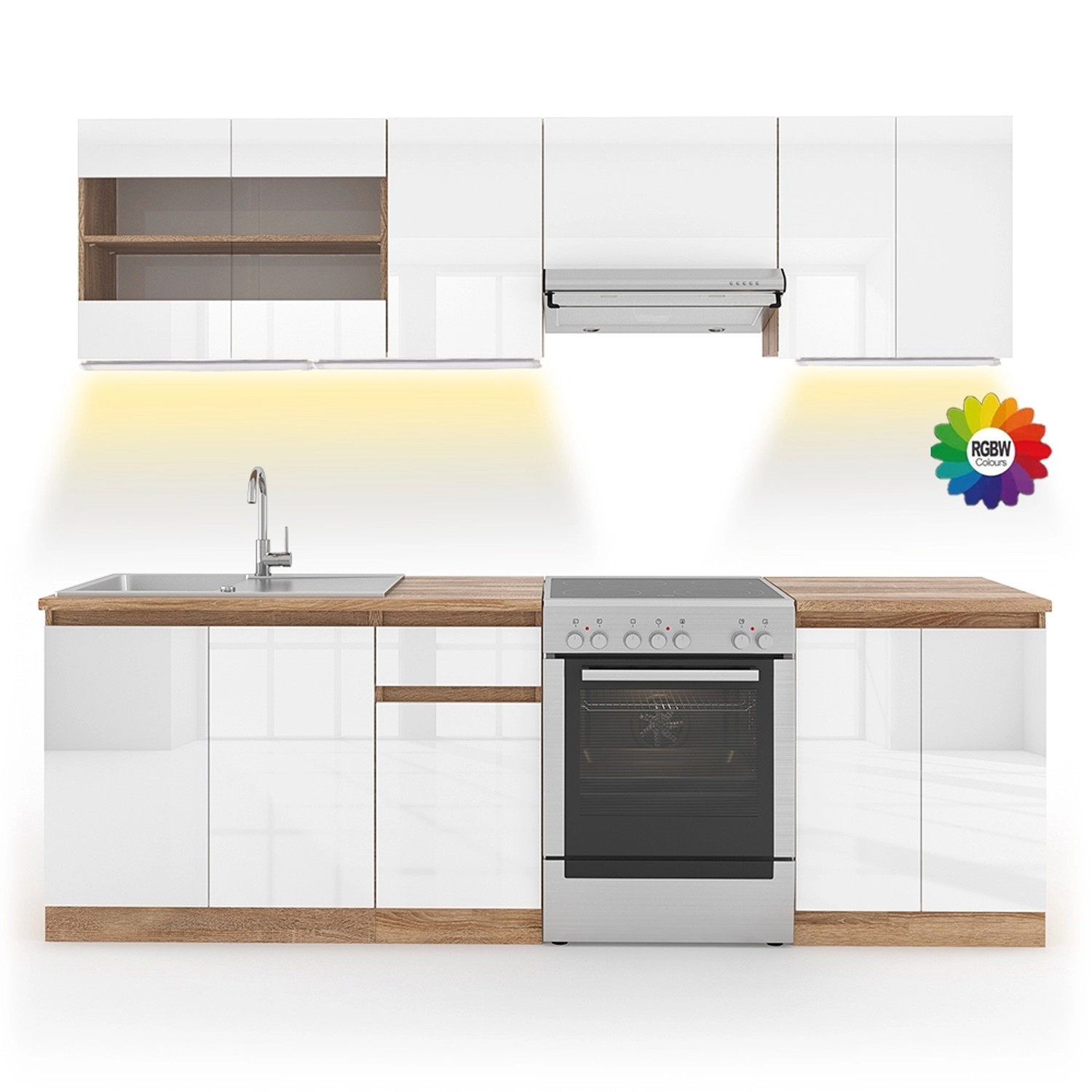 Vicco Raul Küchenzeile Weiß 240 cm AP Sonoma mit LED-LeistenRaul günstig online kaufen