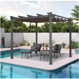 Dunkelgraue Purple Leaf Aluminium Pergola mit Schiebedach am Pool. Bietet Sonnenschutz für Garten & Terrasse.