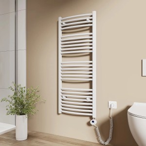 Weißer, gebogener Emke Elektro-Badheizkörper mit Thermostat und Heizstab, 120x50cm, 500W.