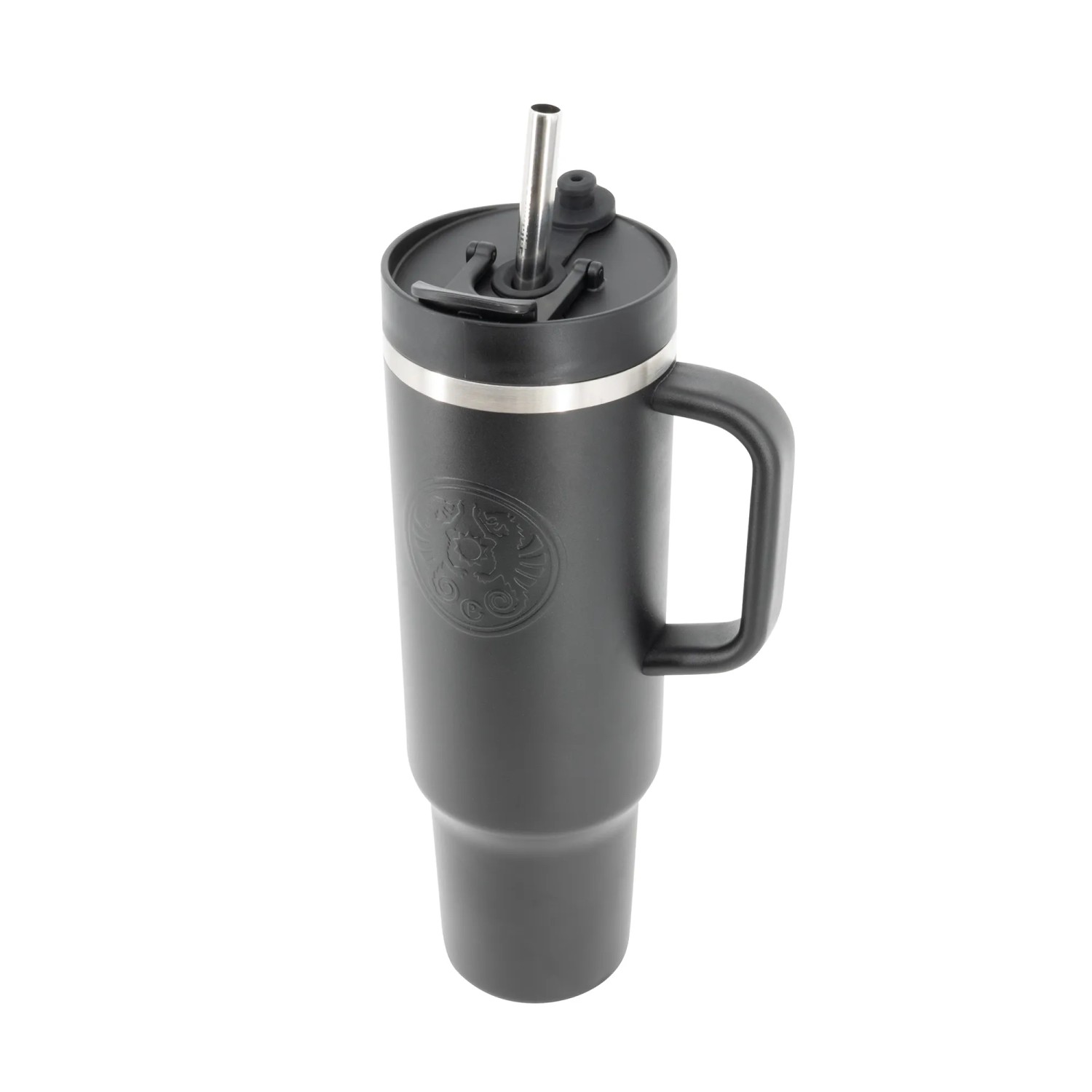 Schwarzer Petromax Thermobecher Waigo 1.000 ml mit Henkel und Strohhalm.