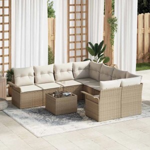 Beiges 9-teiliges vidaXL Garten-Sofa-Set aus Poly Rattan mit Tisch.