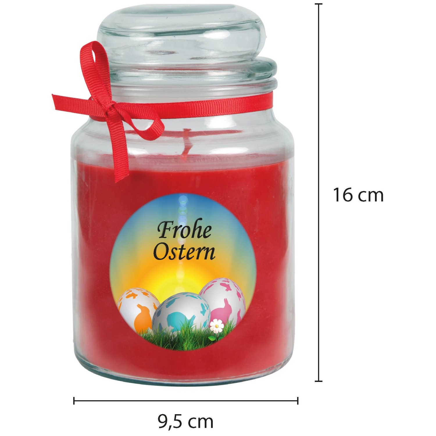 Rote Duftkerze im Glas mit "Frohe Ostern" Motiv und Ostereiern, Ø10cm. Osterdeko.