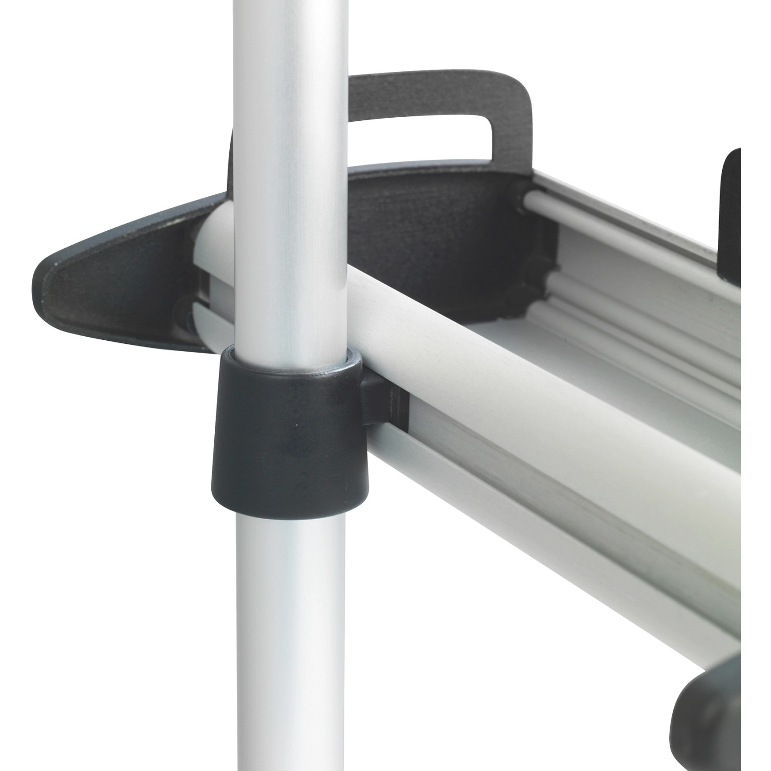Detailaufnahme: Wenko Teleskop Duschregal Line aus Aluminium, Halterung und Ablage im Fokus.