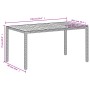 Beiger Gartentisch 150x90 cm aus Rattan und Akazienholz, Maße eingezeichnet.