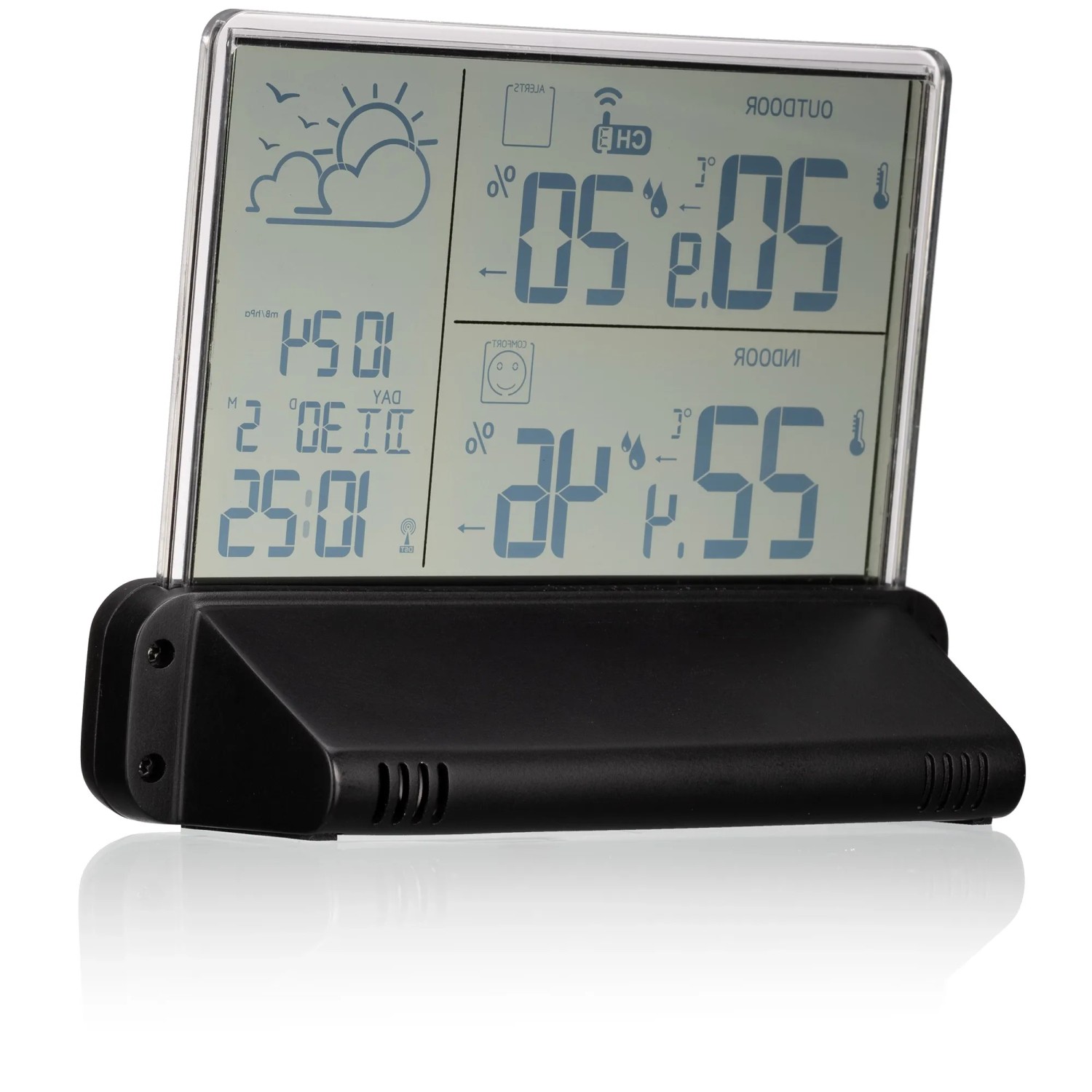 Bresser Funk-Wetterstation Translucidus NV mit transparentem Display und Außensensor.