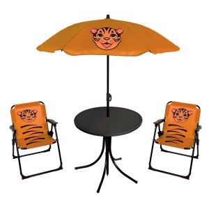 4-tlg. Kinder Campingmöbel Set Tiger: Tisch, Sonnenschirm und 2 Stühle mit Tiger-Motiv.
