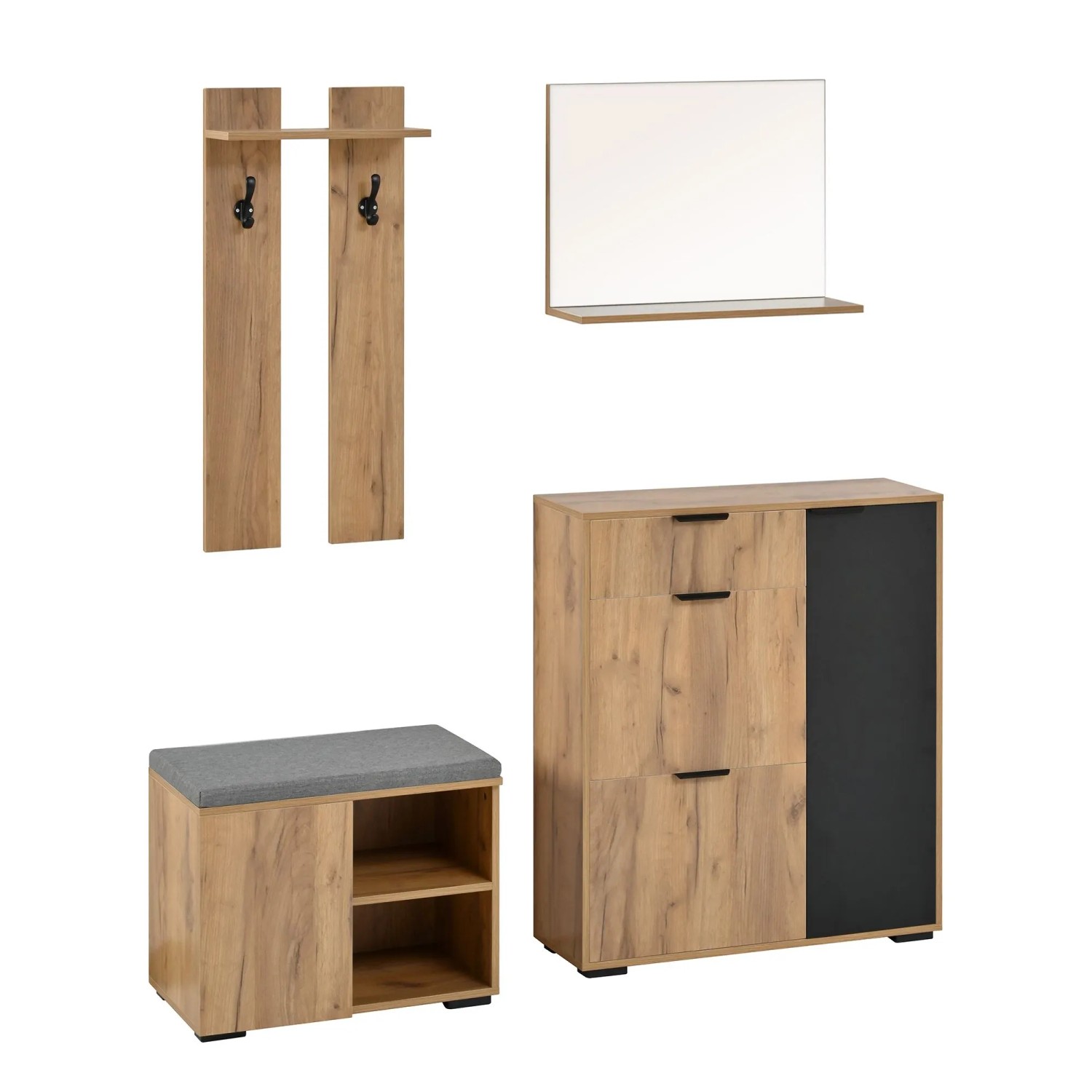 okwish Garderoben Set mit Schuhbank Spiegel 2 Haken Flur 140x139x35cm Natur Schwarz