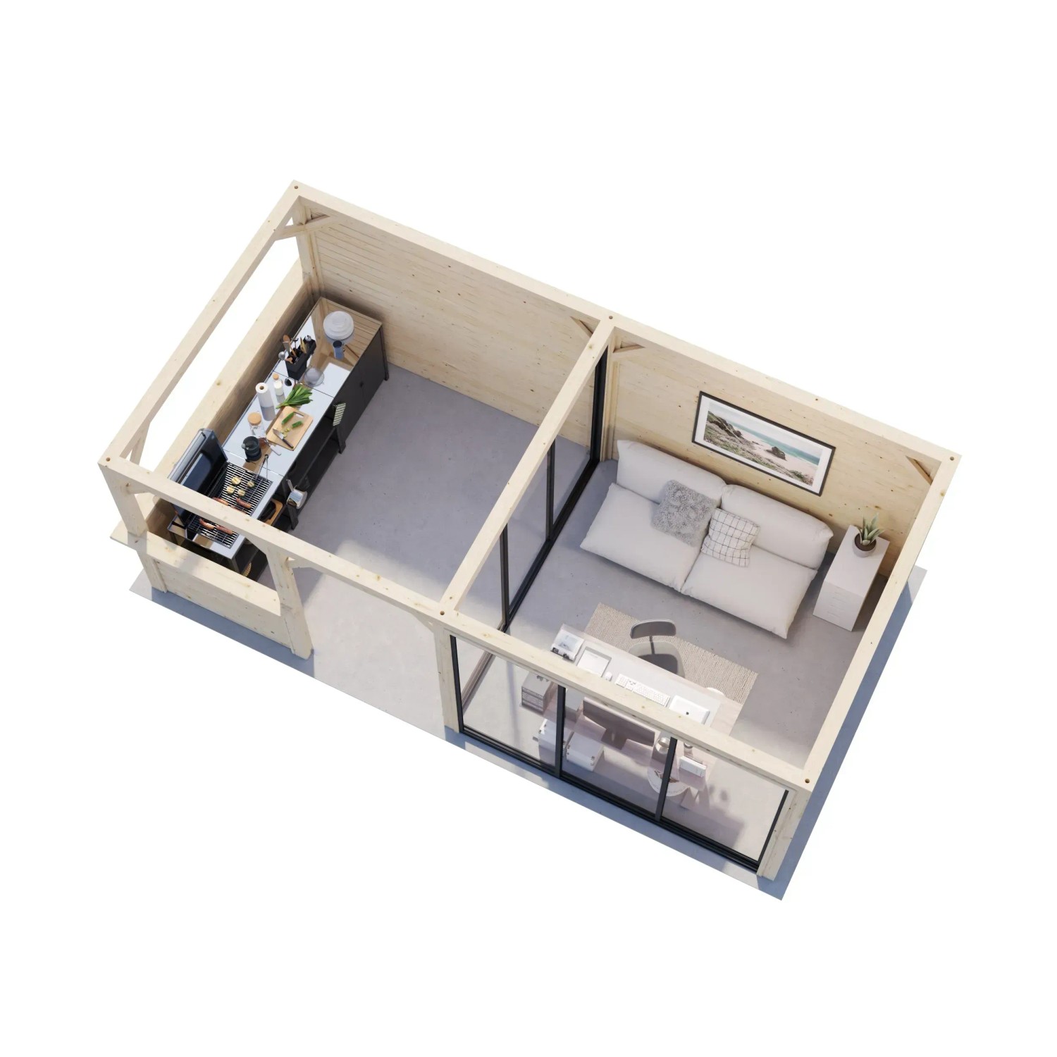 Palmako Pavillon Bianca Set 207, 588x300 cm, weiß lackiert. Ansicht von oben mit Tresen und Sitzecke.
