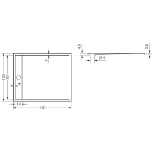 Technische Zeichnung: Steinkamp Duschwanne Living 120x100 cm, superflach mit Ablaufrinne.