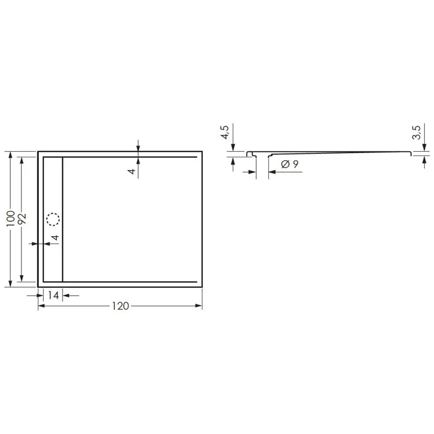 Technische Zeichnung: Steinkamp Duschwanne Living 120x100 cm, superflach mit Ablaufrinne.