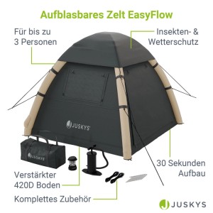 Juskys Aufblasbares Zelt EasyFlow M, dunkelgrau/khaki, mit Zubehör für Camping & Outdoor.