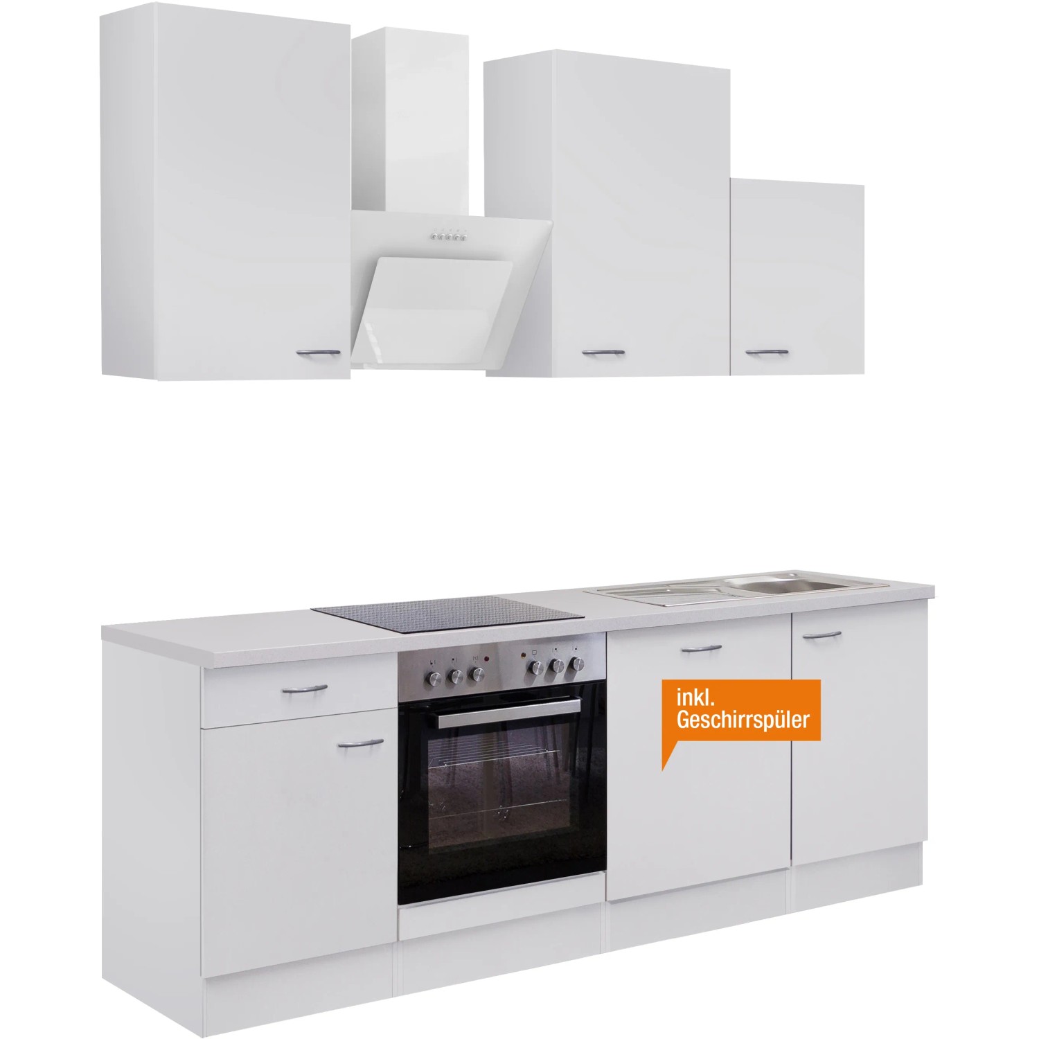 Weiße Flex-Well Küchenzeile Wito 220 cm mit E-Geräten und Spüle.
