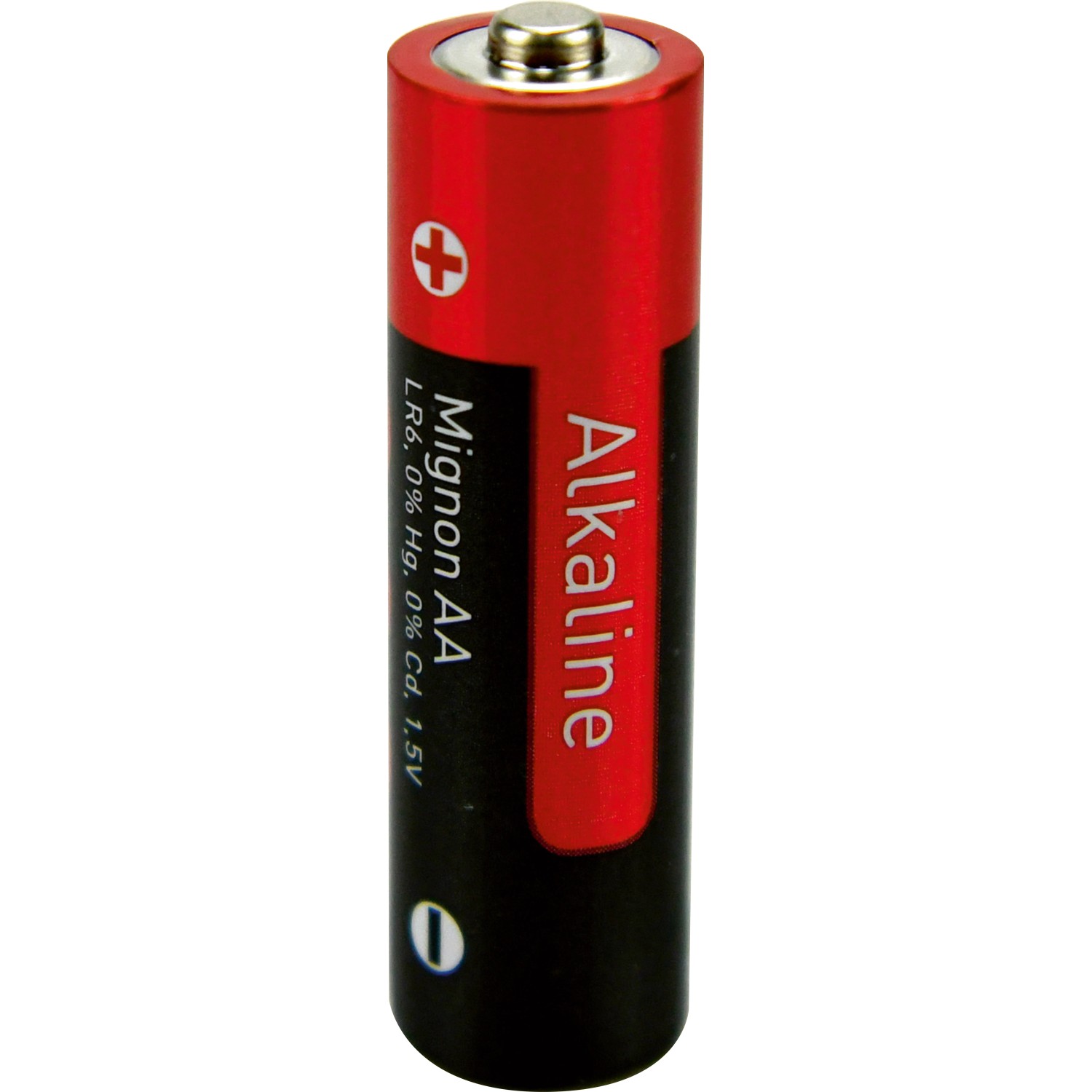 AA Batterie (LR06) im Detail, rot/schwarz, für Geräte mit konstantem Strombedarf.
