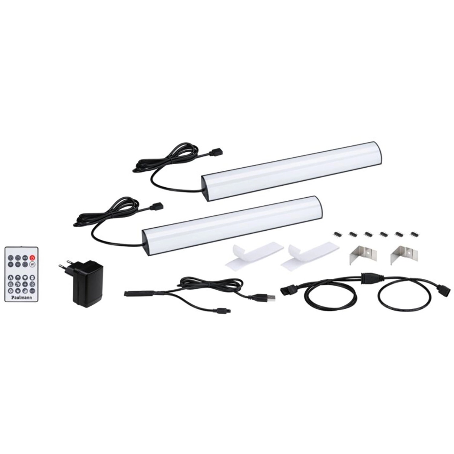 Paulmann EntertainLED Lichtsäulen 2er-Set mit Zubehör wie Fernbedienung und Netzteil.