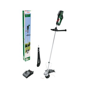 Bosch Akku-Rasentrimmer AdvancedGrassCut 36V-33 mit Ladegerät, Gurt und Verpackung. Grüner, schwarzer Trimmer.