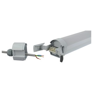 Graue E2 Elektro LED Feuchtraum-Wannenleuchte Pro L 50W mit geöffnetem Anschluss für die Verkabelung.