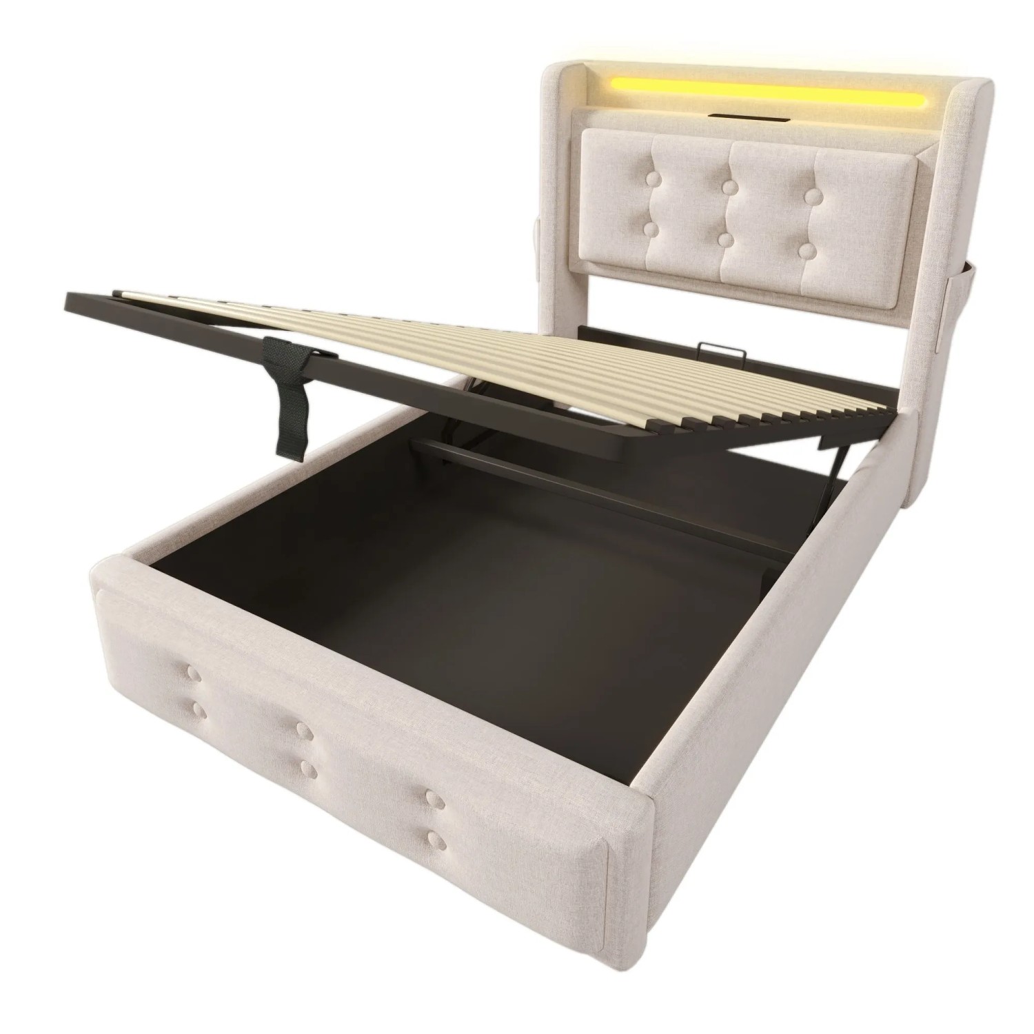 Merax Polsterbett 90x200cm LED USB-C Hydraulisch Beige