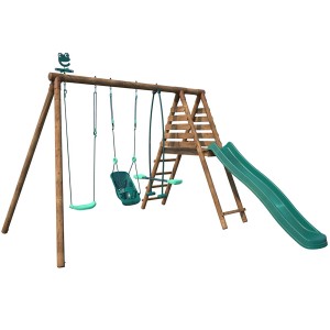 Soulet Holzschaukel Tulipe mit Rutsche, Kletterleiter und Schaukelsitzen für Kinder.