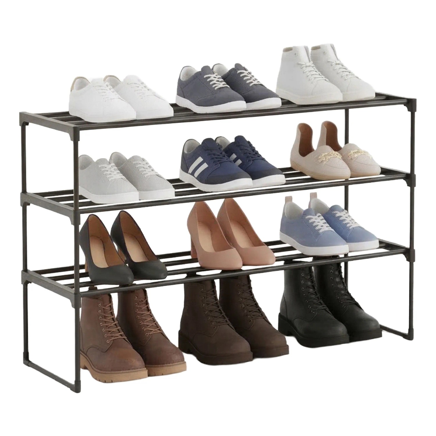 Relaxdays Schuhregal Metall Schwarz Stapelbar Stecksystem 3 Ebenen 55 cm x 117 cm x 30 cm