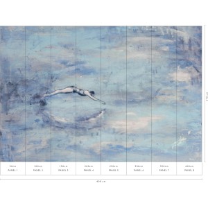 Erismann Fototapete Freisprung Blau: Abstrakte Malerei mit Schwimmerin, 4,0x2,7m.