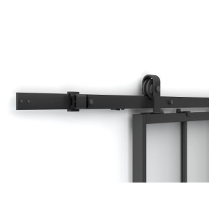 Schwarze Schiebetür mit Laufschiene und Rollenmechanismus im Industrial-Stil.
