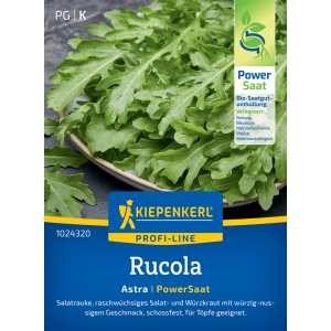 Kiepenkerl Salatrauke Astra Samenpackung mit frischer Rucola im Vordergrund.