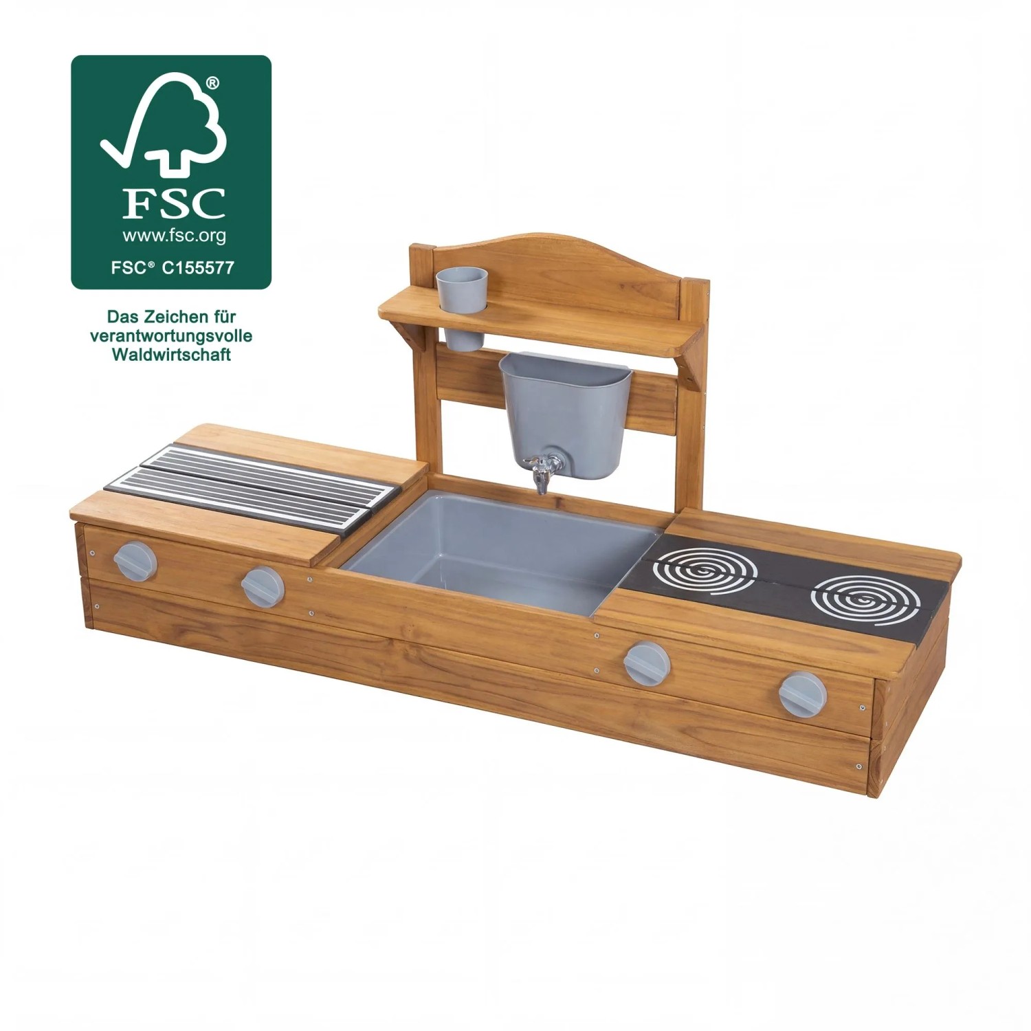 Roba 2in1 Balkonsandkasten und Matschküche aus Naturholz mit Spüle, Wasserhahn, Herdplatten und Grill.