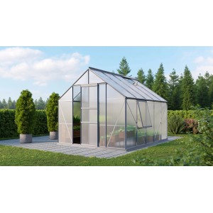 Vitavia Gewächshaus Meridian 1 8300 HKP 6mm Alu mit geöffneter Tür und Fenster.