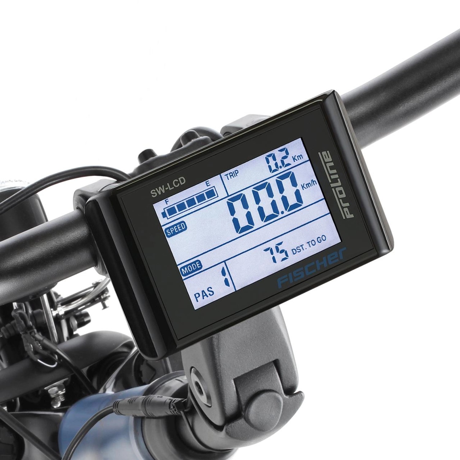 Display des Fischer E-Bike City-Fahrrad Cita 2.0 mit Geschwindigkeitsanzeige und Akku-Status.