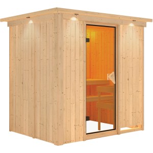 Karibu Sauna mit LED-Dachkranz aus Naturholz, Frontansicht mit Glastür und Inneneinrichtung.
