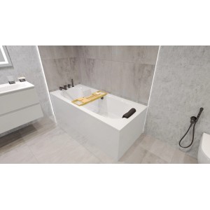 Weiße Rechteck-Badewanne VITAE mit Acryl-Schürze, Bambusablage und schwarzem Kissen in modernem Bad.