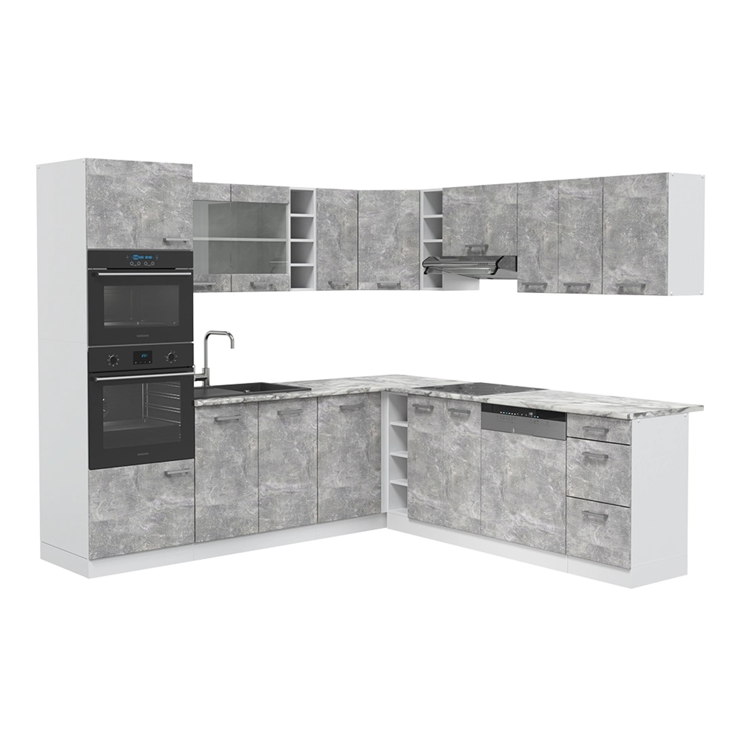 Vicco R-Line Eckküche Beton/Weiß 237 x 60 cm AP Marmor günstig online kaufen