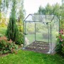 Transparentes Foliengewächshaus mit dunkelgrünem Rahmen im Garten. Aufrollbare Tür, ideal für Pflanzen, Gemüse, Kräuter.