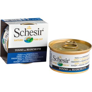 Schesir Katzen-Nassfutter Thunfisch mit Sardellen, 85g Dose und Verpackung.