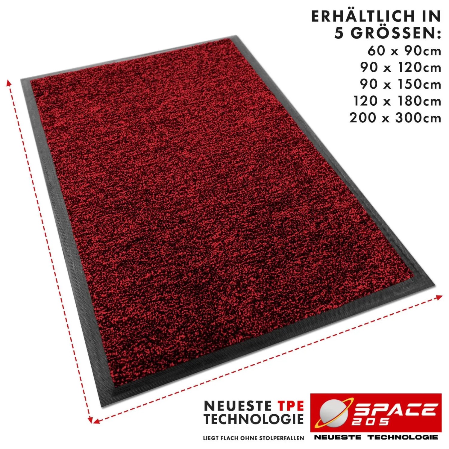Rote Floordirekt Schmutzfangmatte Space 205, 60x90 cm, mit rutschfestem TPE-Rücken. Ideal für Eingangsbereiche.