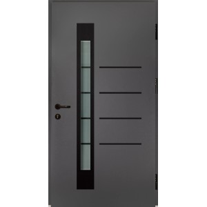 Anthrazitfarbene Splendoor Sicherheits-Haustür Berlin Prime RC2K mit Glasausschnitt und Edelstahlapplikationen.