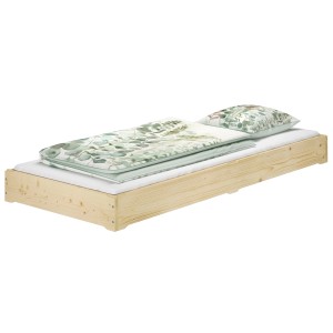 Geöltes Fichte Massivholzbett 80x200 mit Rollrost und Bettwäsche mit Pflanzenmuster.