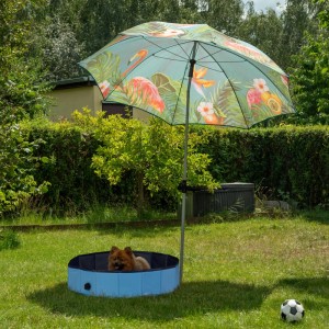 Blauer, faltbarer Relaxdays Hundepool (80x20cm) mit Hund im Garten unter Sonnenschirm.