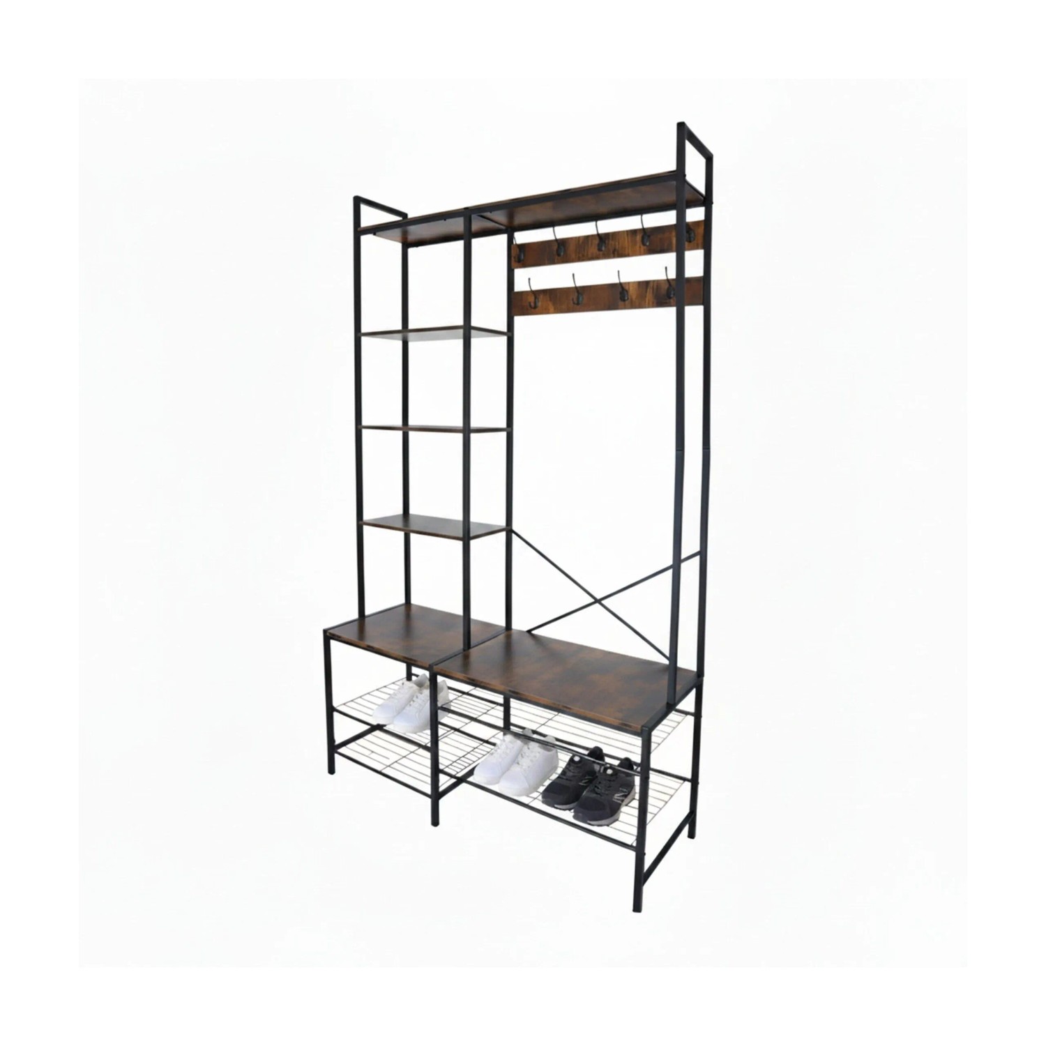 Relaxdays Garderobe Eisen Schwarz Dunkelbraun mit Sitzbank 190 cm x 120 cm x 40 cm 17,4 kg