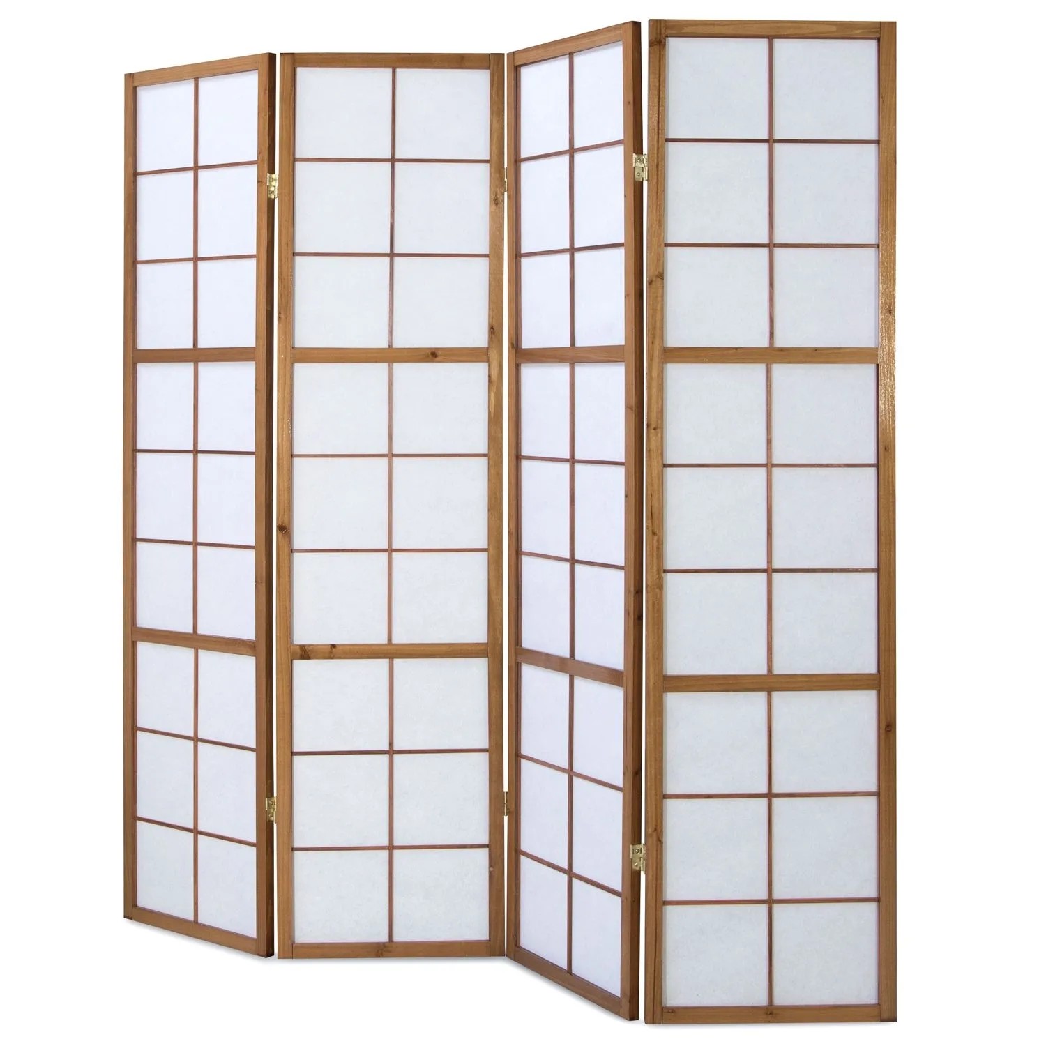 Brauner 4-teiliger Paravent Shoji aus Holz mit weißen Reispapier-Paneelen, ideal als Raumteiler oder Sichtschutz.