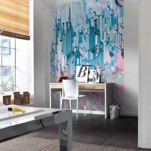 Komar Fototapete Duplex mit abstraktem, blau-rosa Stadt-Design im Arbeitszimmer.