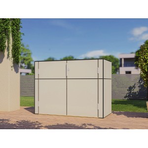 Grauer Bertilo Gartenschrank HPL Sideboard (155x75x116cm) auf Terrasse. Wetterfest und pflegeleicht.