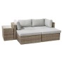 5-teiliges Lounge-Set Olea aus Polyrattan in Sand mit grauen Kissen und Tisch mit Glasplatte.