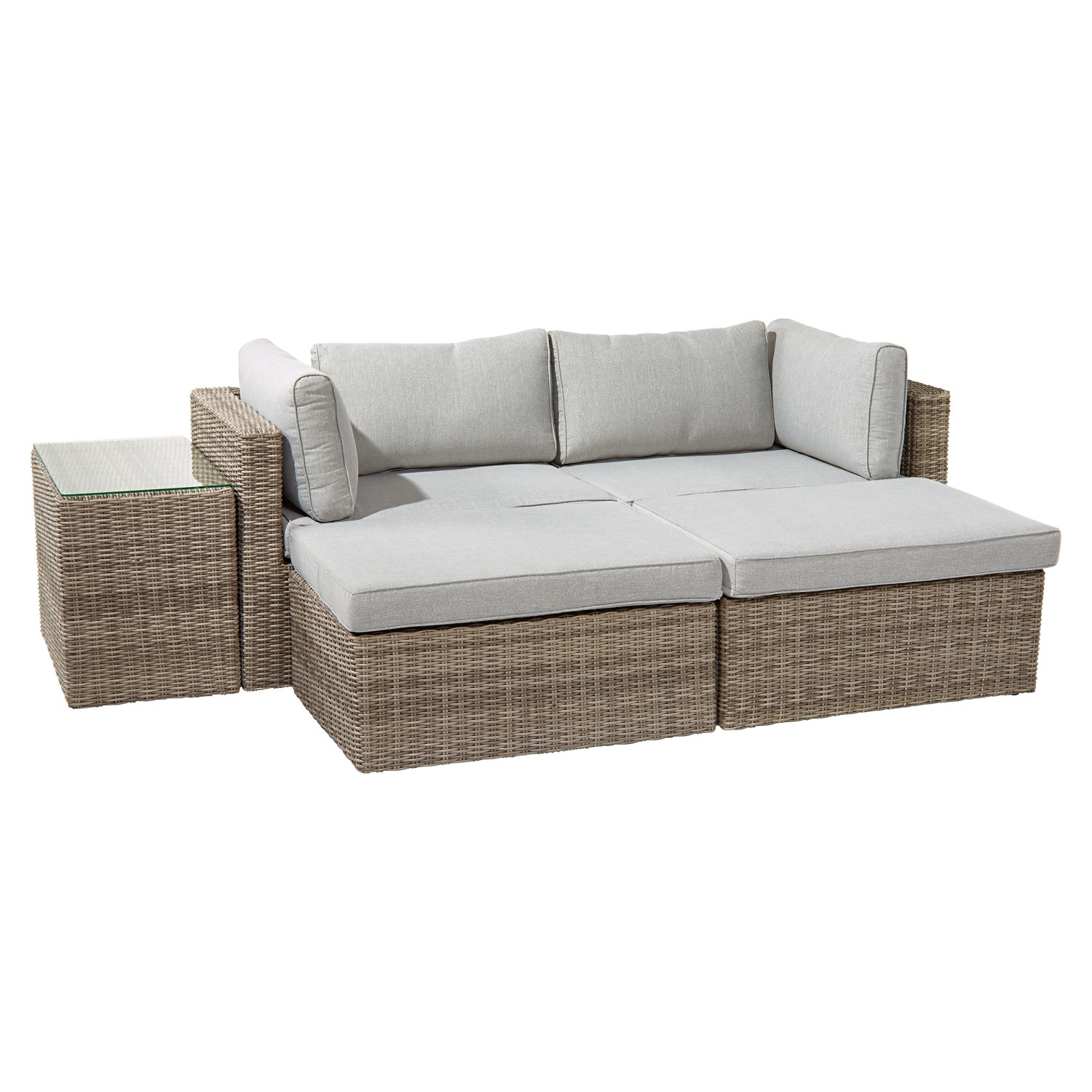 5-teiliges Lounge-Set Olea aus Polyrattan in Sand mit grauen Kissen und Tisch mit Glasplatte.