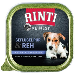 Rinti Feinest Hunde-Nassfutter mit Geflügel und Reh, 150g Schale.