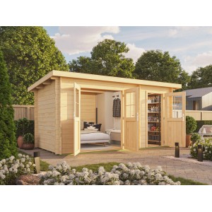 Unbehandeltes Fjordholz Pultdach Gartenhaus Modell Ezra 2H mit geöffneten Türen und Inneneinrichtung.