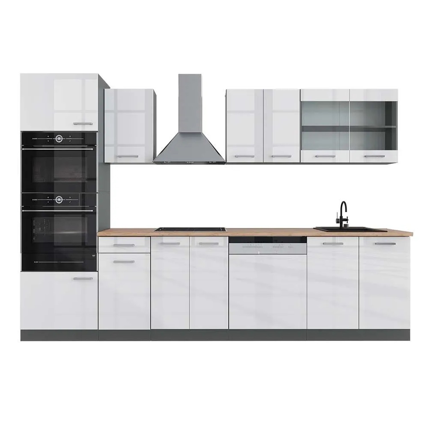 Vicco R-Line Küchenzeile Weiß Hochglanz Anthrazit 300 cm mit HochschrankAP Eiche ohne E-Geräte