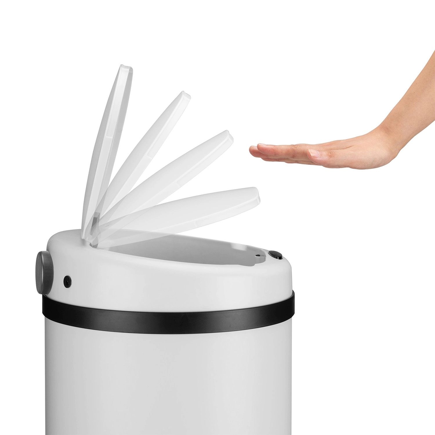Weißer Juskys Mülleimer mit Sensor (30L) und Hand, die den Sensor aktiviert.